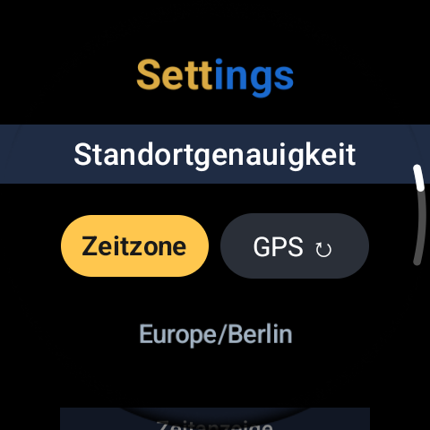 GoldnBlue-Einstellungen, Standortgenauigkeit auf Zeitzone gesetzt