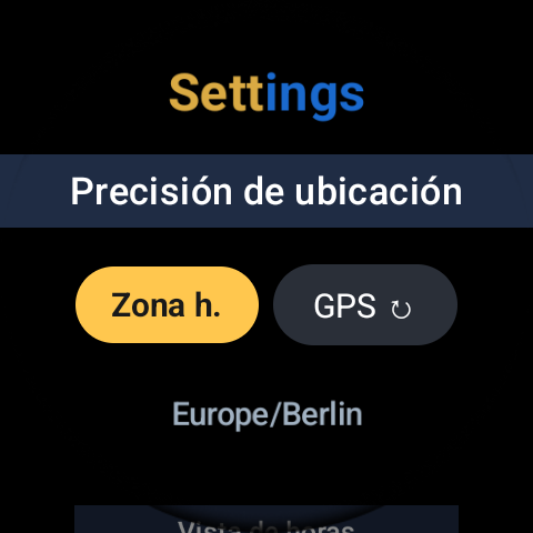 Pantalla de ajustes de GoldnBlue, precisión de ubicación configurada en Zona horaria
