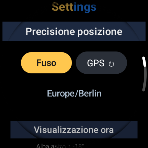 Schermata delle impostazioni di GoldnBlue, interruttori per evento per scegliere quali eventi solari e lunari visualizzare