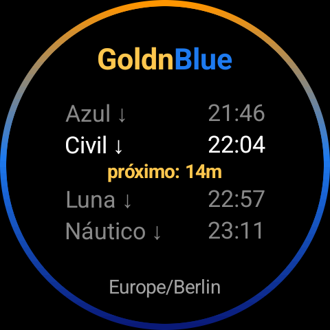 Tarjeta de GoldnBlue en la hora azul, anillo que va del naranja al azul profundo