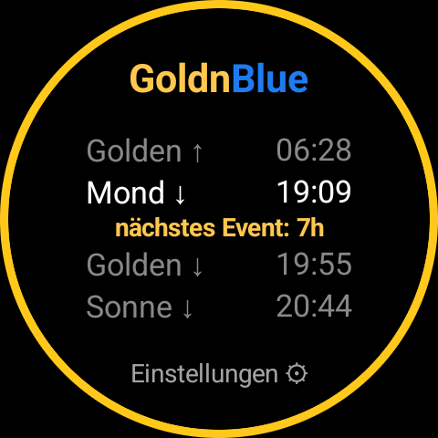 GoldnBlue-Ansicht vor der Ersteinrichtung mit einem Einstellungen-Hinweis statt eines Standorts