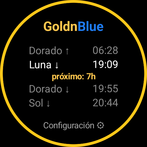 Tarjeta de GoldnBlue antes de la configuración inicial, mostrando un aviso de Ajustes en lugar de una ubicación
