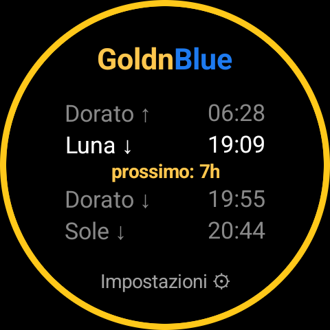 Scheda GoldnBlue prima della configurazione iniziale, che mostra un avviso Impostazioni al posto di una posizione