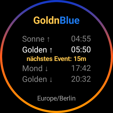 GoldnBlue-Ansicht bei Sonnenaufgang, Ring von Blau über Violett und Orange zu Gold