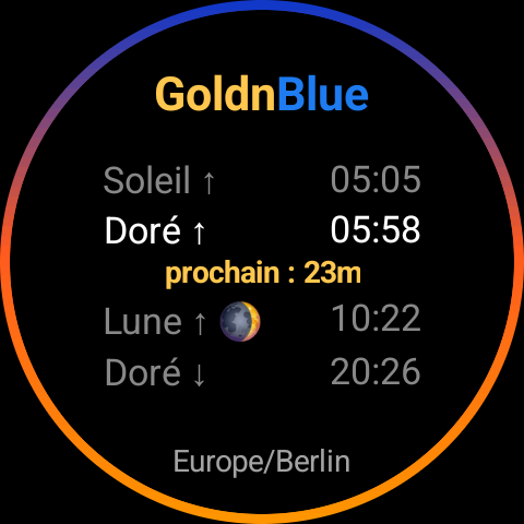 Carte GoldnBlue au lever du soleil, anneau passant du bleu au violet puis à l'orange et à l'or