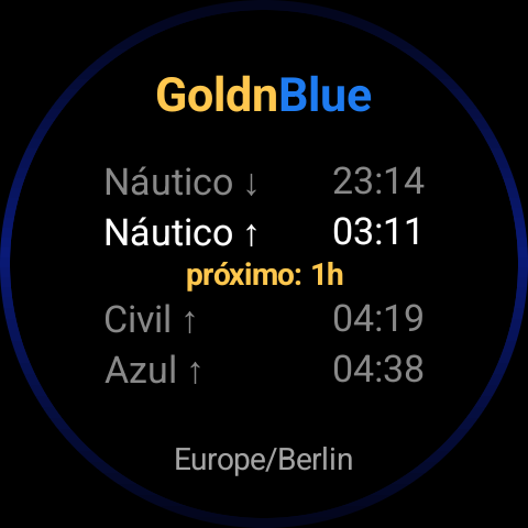 Bloco do GoldnBlue à noite, anel azul-marinho uniforme e profundo