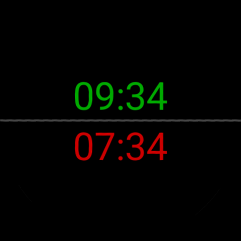 ZuluFace level - local time 09:34 in green above, Zulu/UTC time 07:34 in red below, separated by a thin horizontal line, on a pure black background with nothing behind the numbers