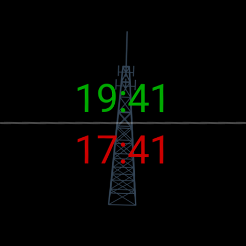 Zulu Face con una silueta gris de una torre de radio detrás de las horas: hora local 19:41 en verde arriba, hora Zulú/UTC 17:41 en rojo abajo, sobre negro.