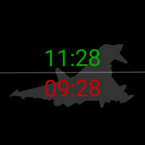 The result on the ZuluFace watch face - local time 11:28 in green above, Zulu/UTC 09:28 in red below, with a grey Eurofighter Typhoon silhouette clearly visible behind the numbers on black.