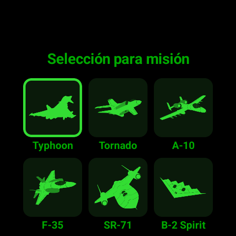 «Selección para misión» en Zulu Face en Wear OS: una cuadrícula de fichas verde oscuro, cada una con una silueta y su nombre debajo: Typhoon, recuadrado como elección actual, y luego Tornado, A-10, F-35, SR-71 y B-2 Spirit.