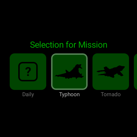 ZuluFace Mission Planning 'Selection for Mission' on Wear OS - a horizontally scrolling row of dark-green cards: Daily (a question mark, for automatic rotation), Typhoon (currently selected, light border) and Tornado.