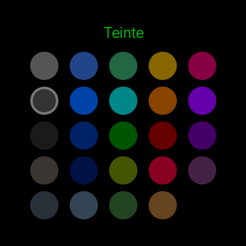 La grille de couleurs « Teinte » dans Zulu Face sur Wear OS - 24 teintes (gris, bleus, turquoise, ambrés, rouges, violets) ; le gris de la deuxième rangée est sélectionné (anneau clair). La teinte choisie ici colore la silhouette derrière l'affichage de l'heure.