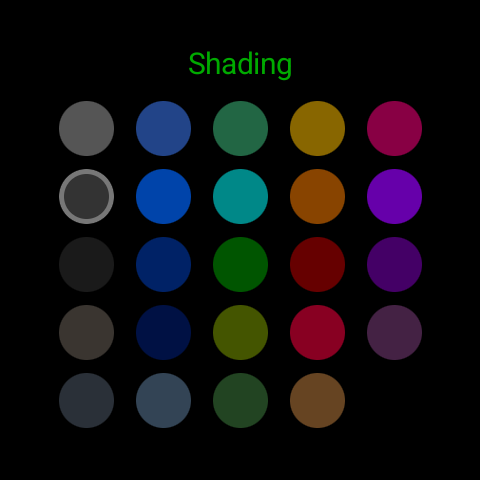 ZuluFace Mission Planning 'Shading' colour grid on Wear OS - 24 tints (greys, blues, teals, ambers, reds, purples) with the grey in the second row selected, ringed. The tint chosen here colours the silhouette behind the time display.